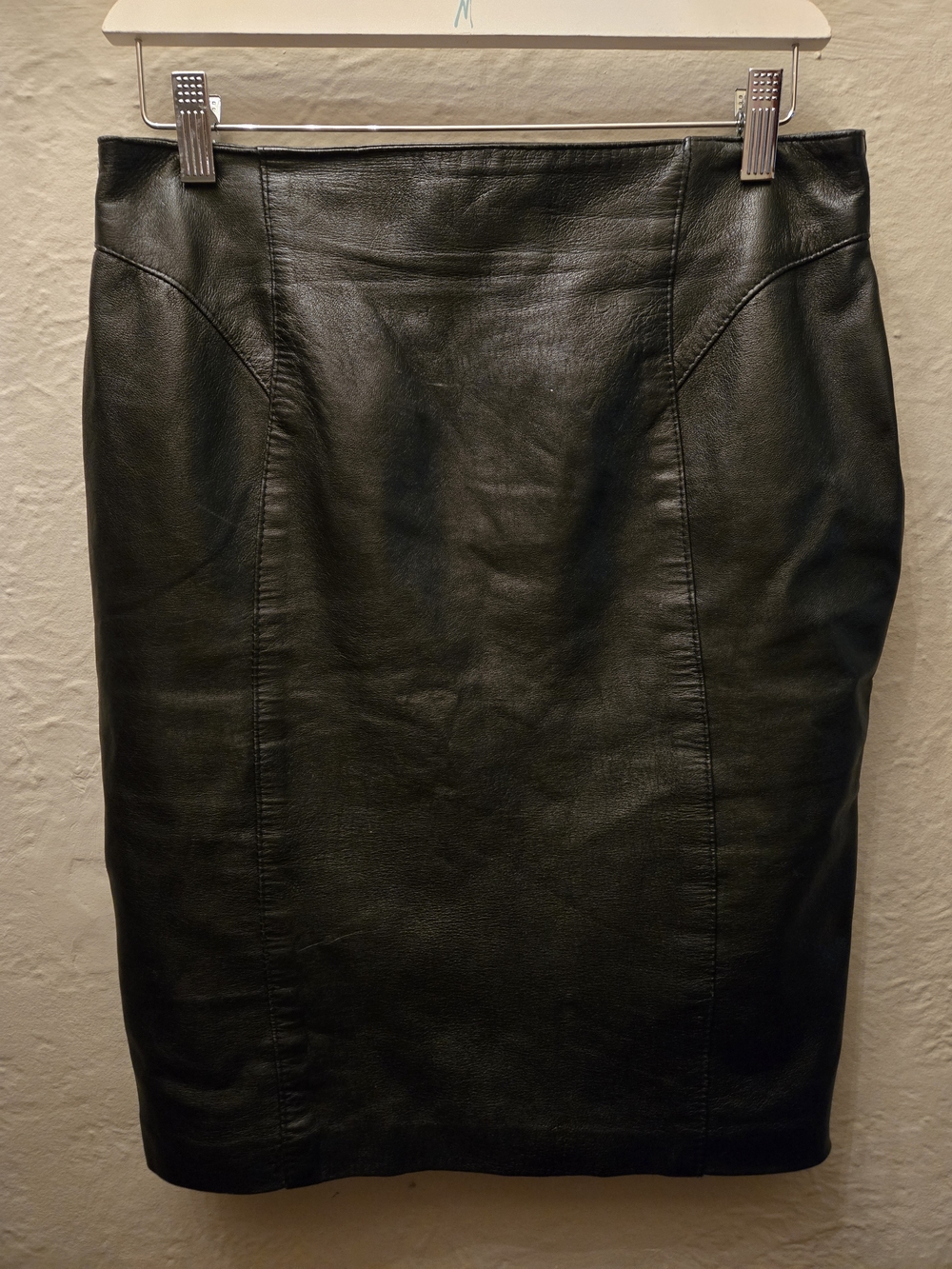 Vintage Black Genuine Leather Pencil Skirt High Waist 90s Minimalist Midi